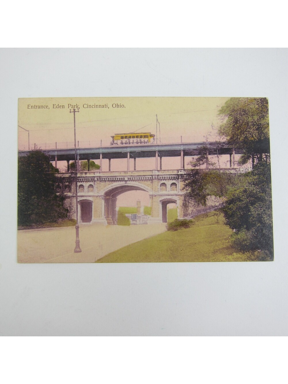Antique Postcard Cincinnati Ohio Entrance Archway Eden Park Trolley Train c 1910